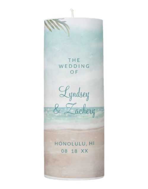 Island Breeze Painted Beach Scene Wedding Monogram Pillar Candle