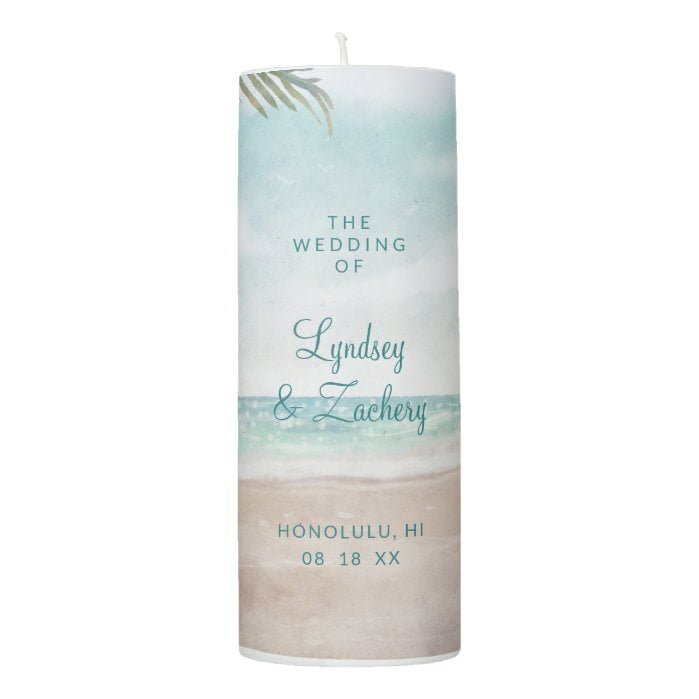 Island Breeze Painted Beach Scene Wedding Monogram Pillar Candle