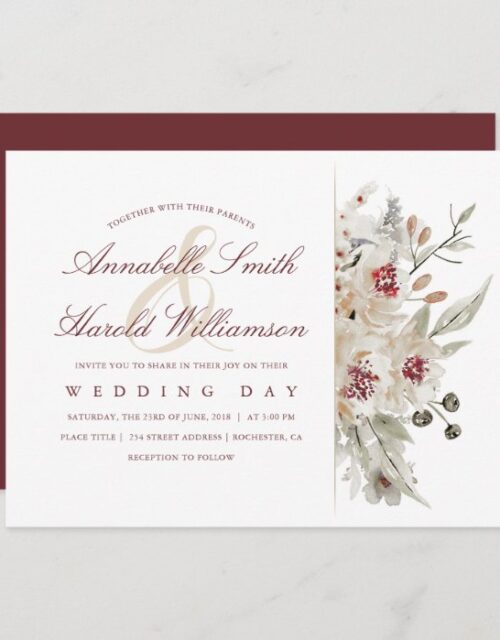 Ivory and Burgundy Watercolors Floral Wedding Invitation