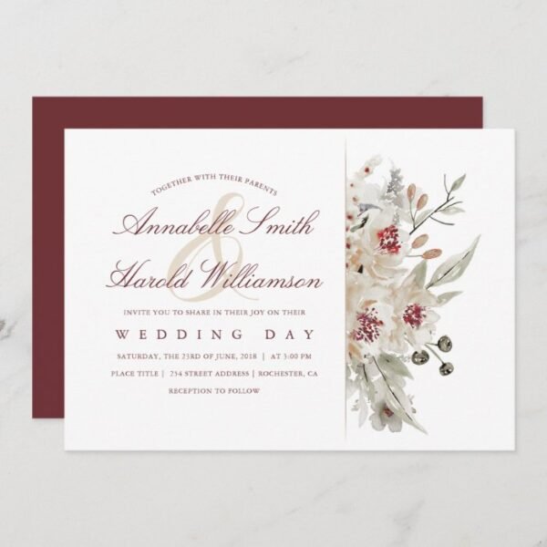 Ivory and Burgundy Watercolors Floral Wedding Invitation