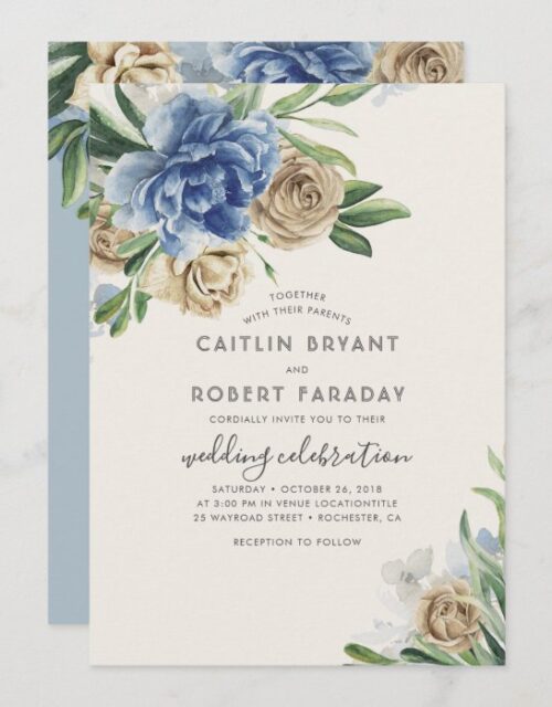 Ivory and Dusty Blue Floral Rustic Country Wedding Invitation