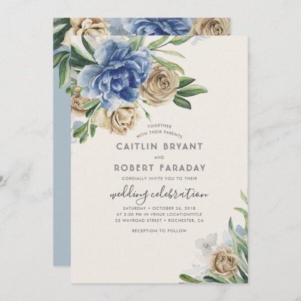 Ivory and Dusty Blue Floral Rustic Country Wedding Invitation