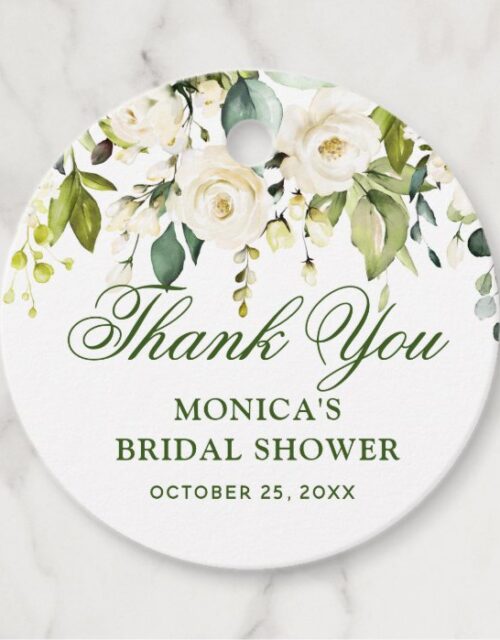 Ivory White Roses  Bridal Shower Thank You round Favor Tags