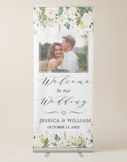 Ivory White Roses Floral PHOTO Wedding Welcome Retractable Banner