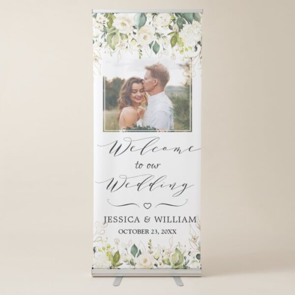 Ivory White Roses Floral PHOTO Wedding Welcome Retractable Banner