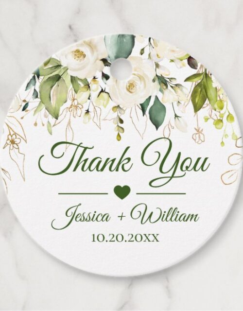 Ivory White Roses Greenery Wedding Thank You round Favor Tags