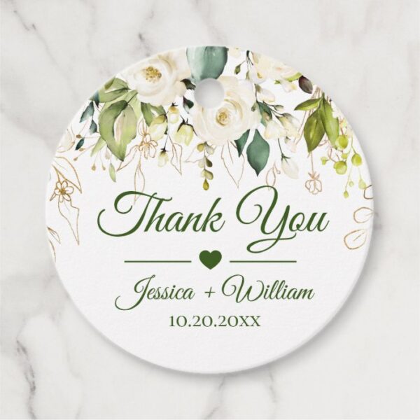 Ivory White Roses Greenery Wedding Thank You round Favor Tags