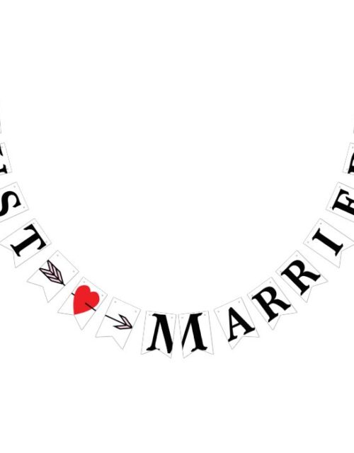 JUST MARRIED, Red Heart And Arrow Bunting Flags