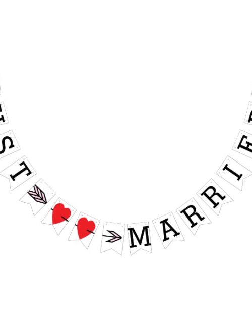 JUST MARRIED, Two Red Hearts And Arrow Bunting Flags