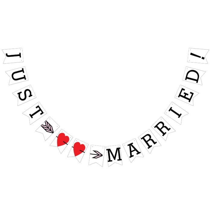 JUST MARRIED, Two Red Hearts And Arrow Bunting Flags