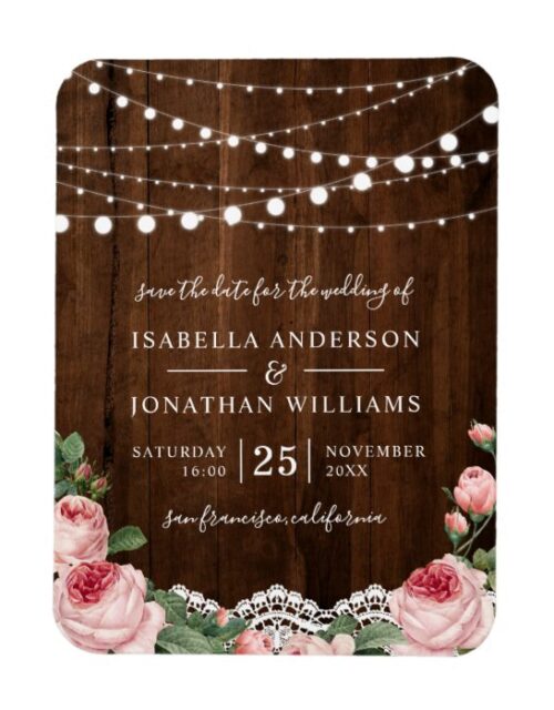 Lace & Lights | Rustic Rose Wedding Save The Date Magnet
