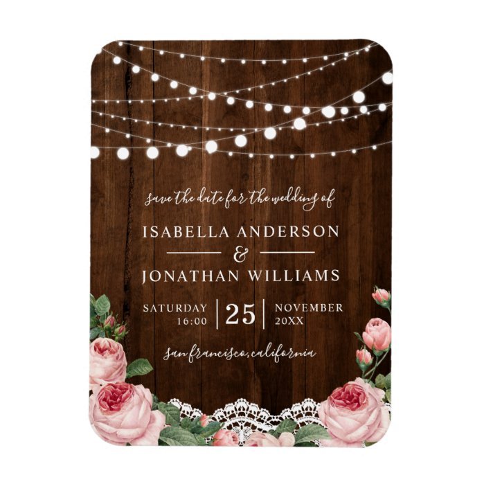 Lace & Lights | Rustic Rose Wedding Save The Date Magnet