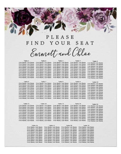 Large Purple Pink Floral 19-Table Seating Chart