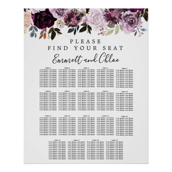 Large Purple Pink Floral 19-Table Seating Chart