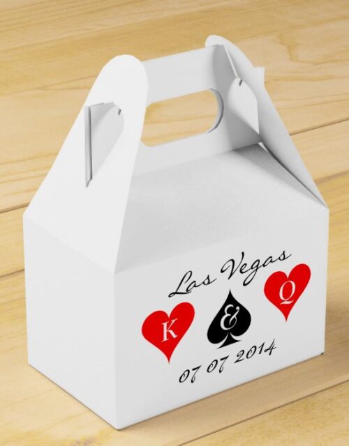 Las Vegas wedding favor box with monogram suits