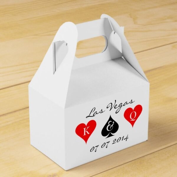 Las Vegas wedding favor box with monogram suits