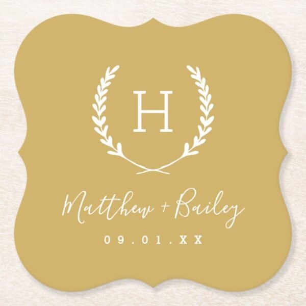 Laurel Crest Wedding Monogram | Mustard Yellow Paper Coaster