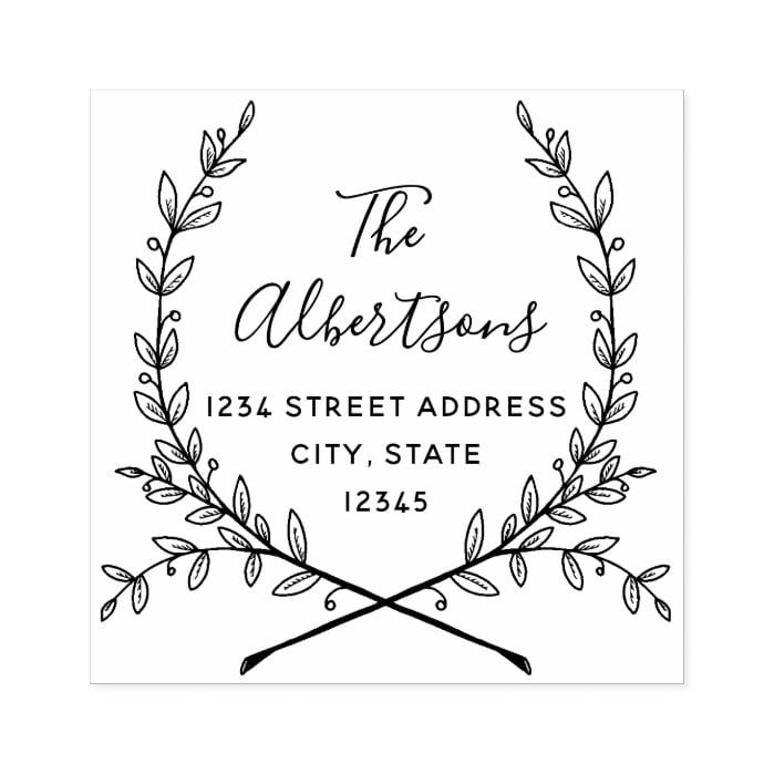 Laurel Wreath Calligraphy Name Return Address Rubber Stamp