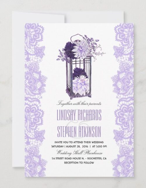 Lavender and Purple Flowers Lantern Wedding Invitation
