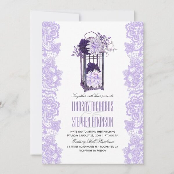 Lavender and Purple Flowers Lantern Wedding Invitation