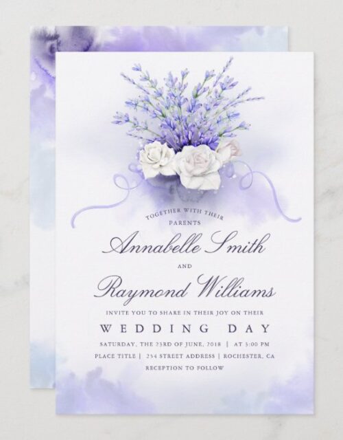 Lavenders and White Roses Bouquet Elegant Wedding Invitation
