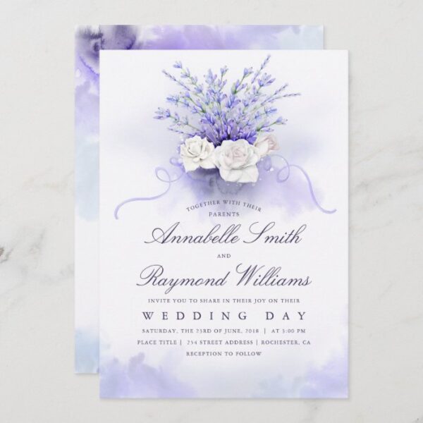 Lavenders and White Roses Bouquet Elegant Wedding Invitation