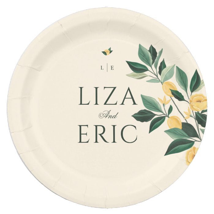 Lemon Blossom Floral Tree Elegant Yellow Wedding Paper Plate