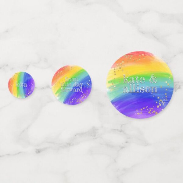 LGBT Wedding Watercolor Rainbow & Gold Sparkle Confetti
