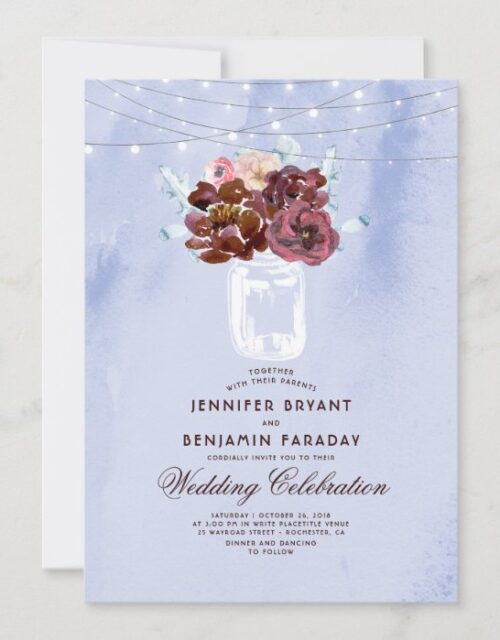 Light Blue and Burgundy Floral Mason Jar Wedding Invitation