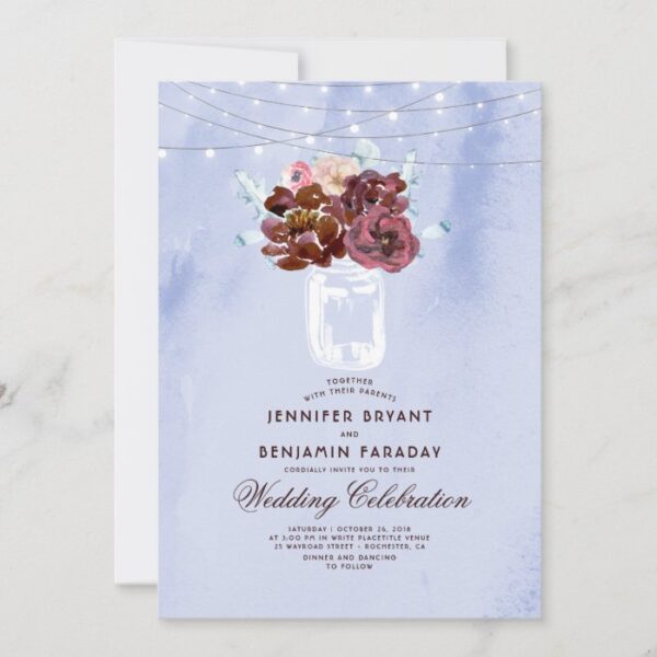 Light Blue and Burgundy Floral Mason Jar Wedding Invitation