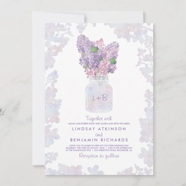 Lilac Mason Jar | Floral Watercolor Rustic Wedding Invitation