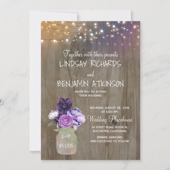Lilac Plum Purple Floral Mason Jar Rustic Wedding Invitation
