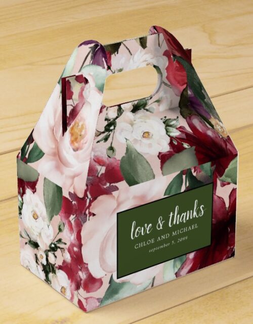 Love and Thanks Red Pink Watercolor Floral Favor Box