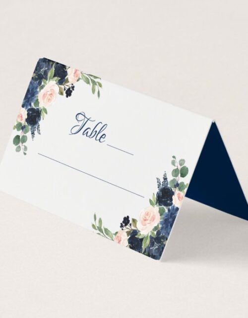 Love Bloom | Chic Blush Pink Navy Blue Floral Place Card