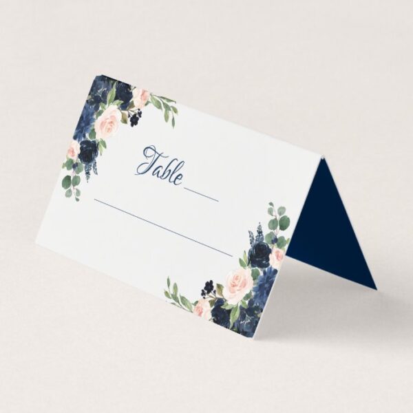 Love Bloom | Chic Blush Pink Navy Blue Floral Place Card