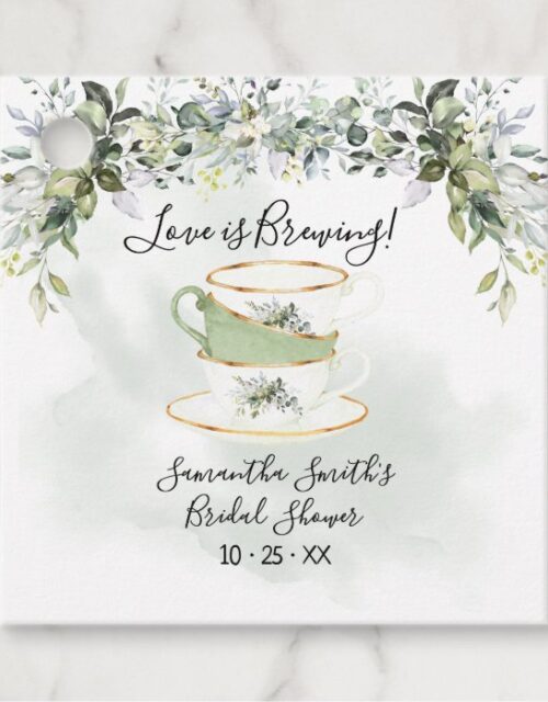 Love is brewing eucalyptus greenery tea shower favor tags