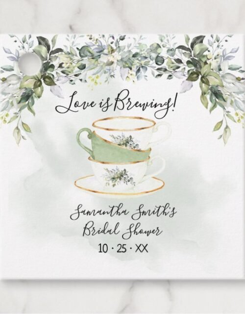 Love is brewing eucalyptus greenery tea shower favor tags