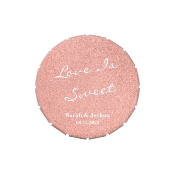 Love is Sweet Rose Gold Glitter Wedding Round Candy Tin