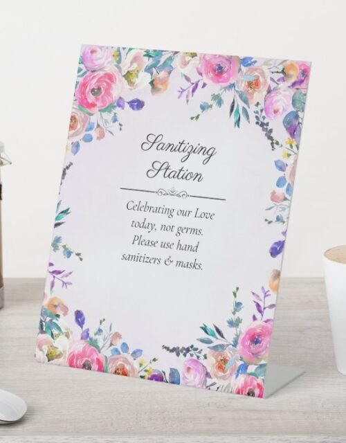 Love Spring Sanitizing Station Watercolor Floral Pedestal Sign