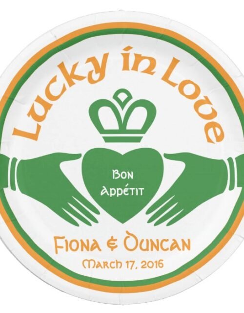 Lucky in Love Irish Claddagh Wedding Paper Plate