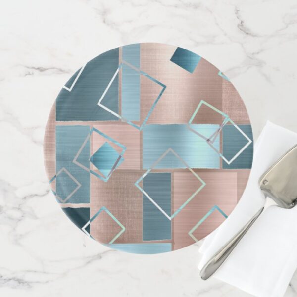 Luxe Abstract | Blush Rose Gold and Teal Geometric Cake Stand