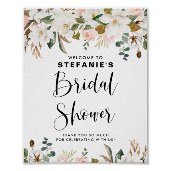 Magnolias and Cotton Garland Bridal Shower Welcome Poster