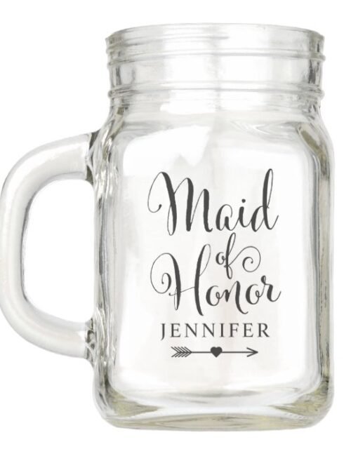 Maid of Honor Black Script Boho Wedding Party Name Mason Jar