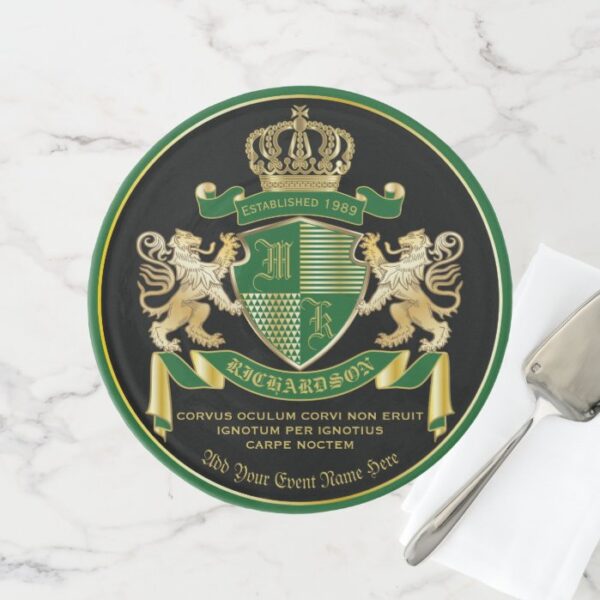 Make Your Own Coat of Arms Green Gold Lion Emblem Cake Stand