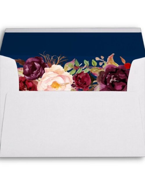 Marsala Burgundy Floral Navy Blue & Return Address Envelope