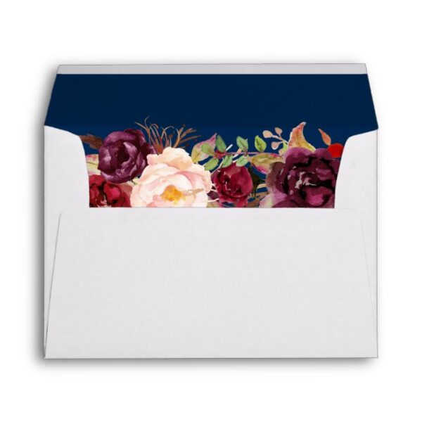 Marsala Burgundy Floral Navy Blue & Return Address Envelope