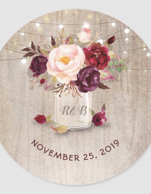 Marsala Flowers Mason Jar Rustic Wedding Classic Round Sticker