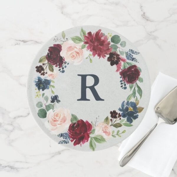 Marsala & Navy Shabby Chic Floral Mr & Mrs Wedding Cake Stand