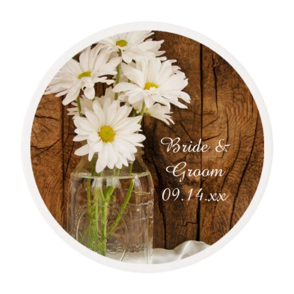 Mason Jar and White Daisies Country Barn Wedding Edible Frosting Rounds