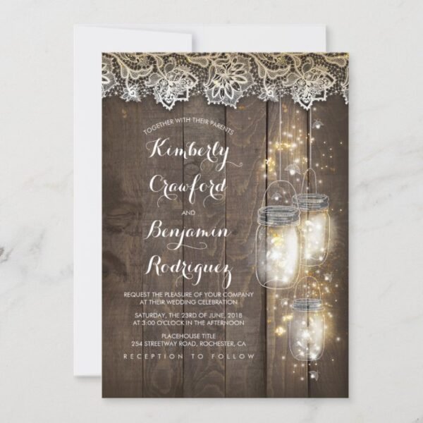 Mason Jar Firefly Lights and Lace Rustic Wedding Invitation